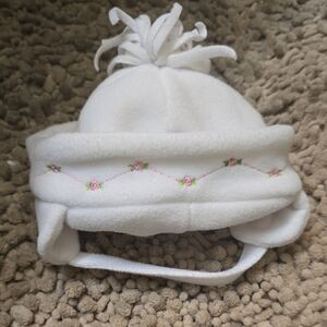 White Fleece Infant Hat Pink Rose Floral Embroidery Adjustable Chin Strap